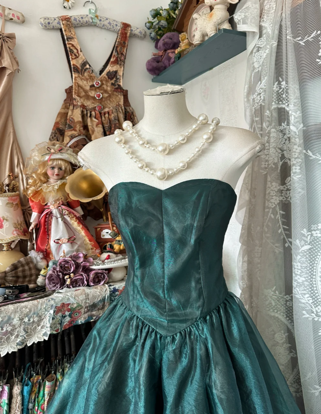 Vintage Strapless Dark Green Organza Ball Gown Long Evening Dress - View 2 | FashionDia