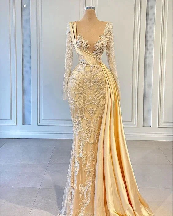 Elegant Hot Yellow Applique Long Sleeves Wedding Dresses Women Formal Pageant Dress Y899 by simplepromdress