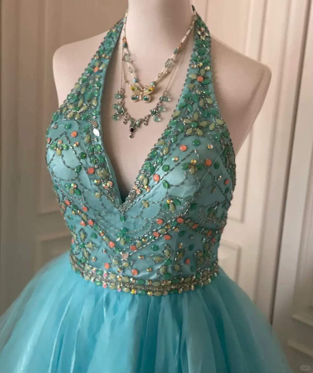 Vintage Blue Halter Tulle Beaded A Line Short Party Dress Formal Homecoming Dress