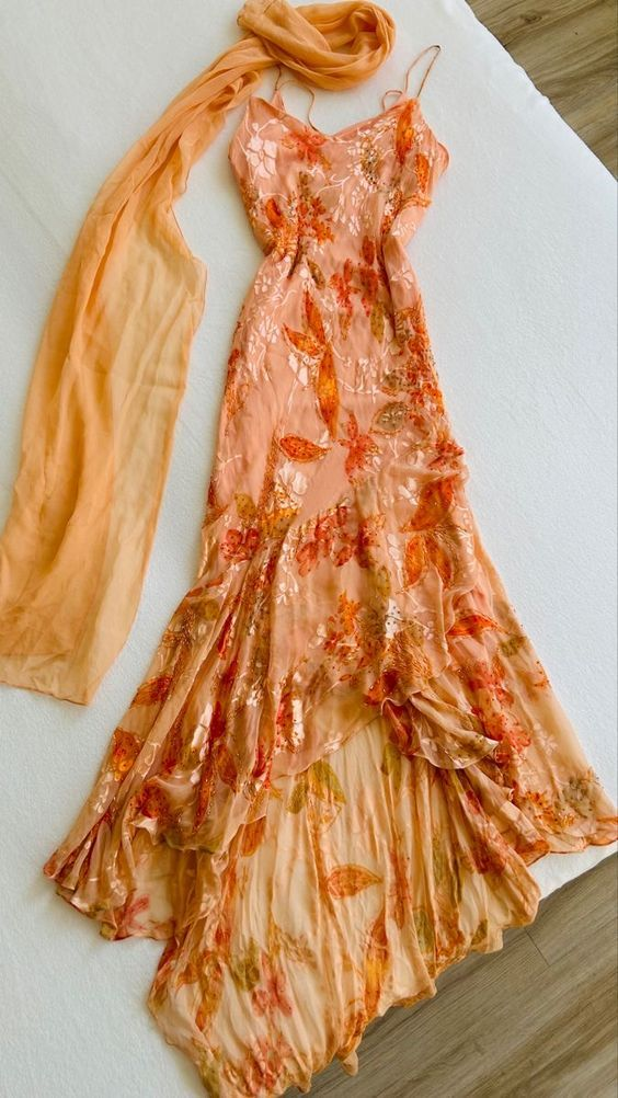Unique Orange Chiffon Print Floral Beaded Mermaid Prom Dress - FashionDia