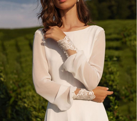 White Chiffon Simple Prom Dress Wedding Dress Open Back Prom Dress With Long Sleeves - FashionDia