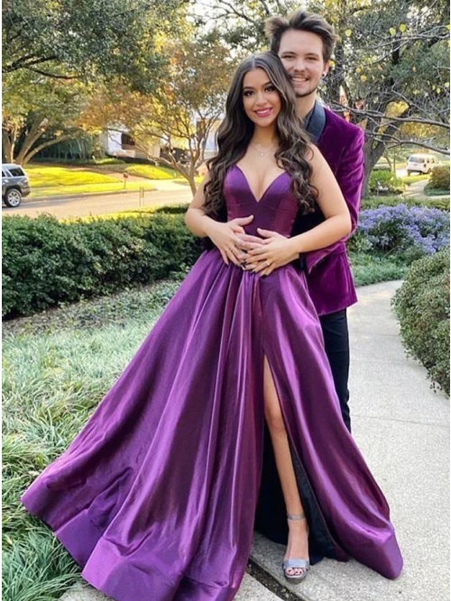 A-Line Long Purple Prom Dresses V-Neck Satin Evening Gown - FashionDia