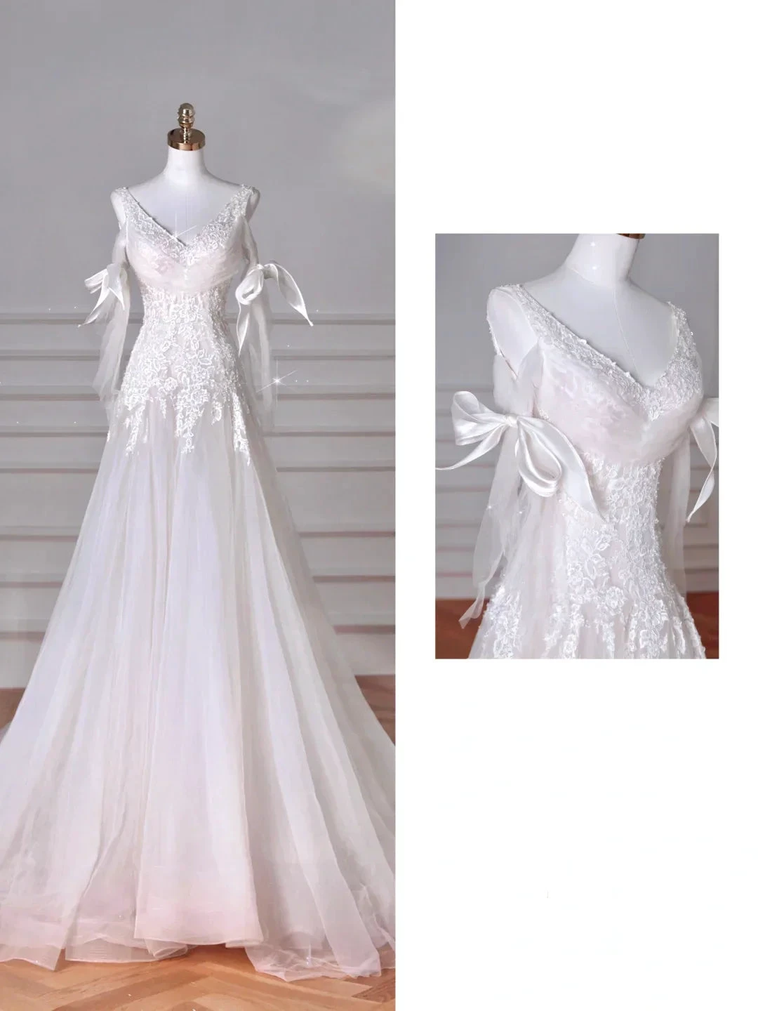 Fairy White V Neck Tulle Lace Appliques Mermaid Evening Dress,Long Wedding Dress Y8636 by simplepromdress