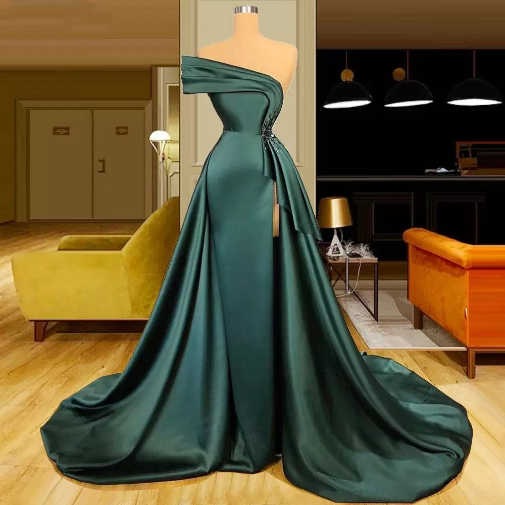 New Long Satin Evening Dresses Wear Elegant Ruched Crystal Beads Split One Shoulder Evening Gowns Formal Women Prom Dresses S23314 - View 3 | VelvetHem