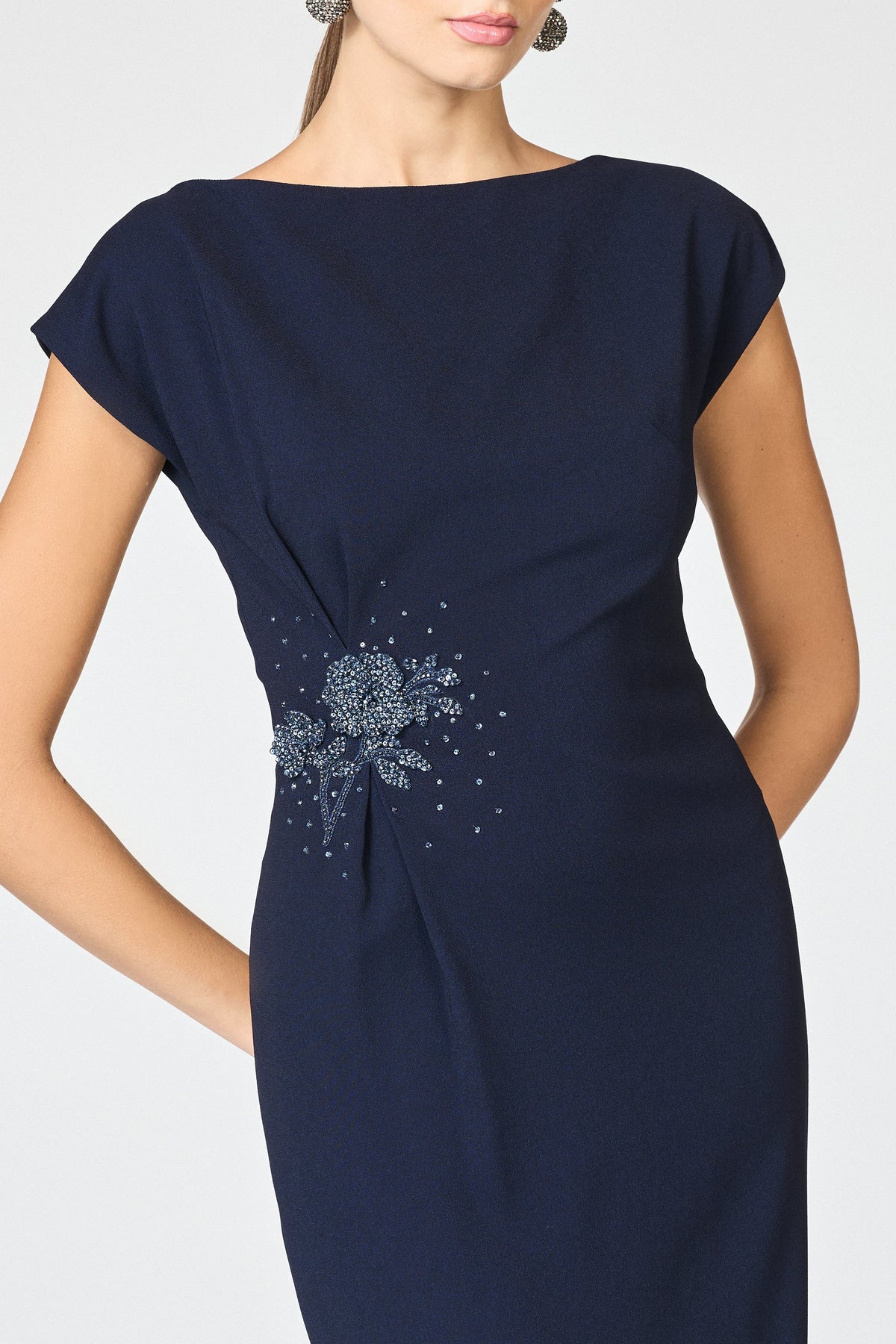Elegant Dark Blue Formal Column Dress, Beaded Mother of the Bride Gown