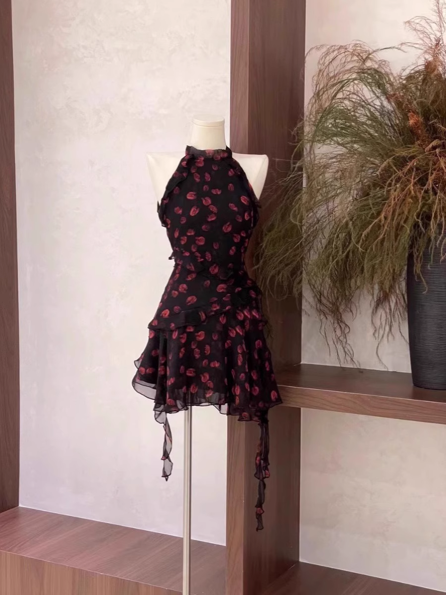 Burgundy Print Floral Chiffon Sleeves Short Holiday Dress Party Dress - FashionDia
