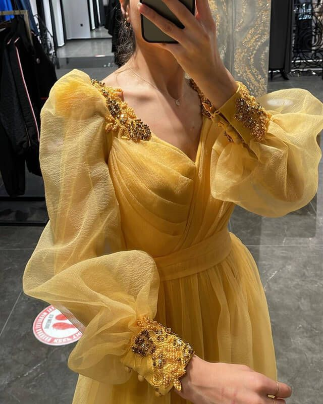 Puff Sleeves V Neck Tulle Slit Evening Dress Y5793 - VelvetHem