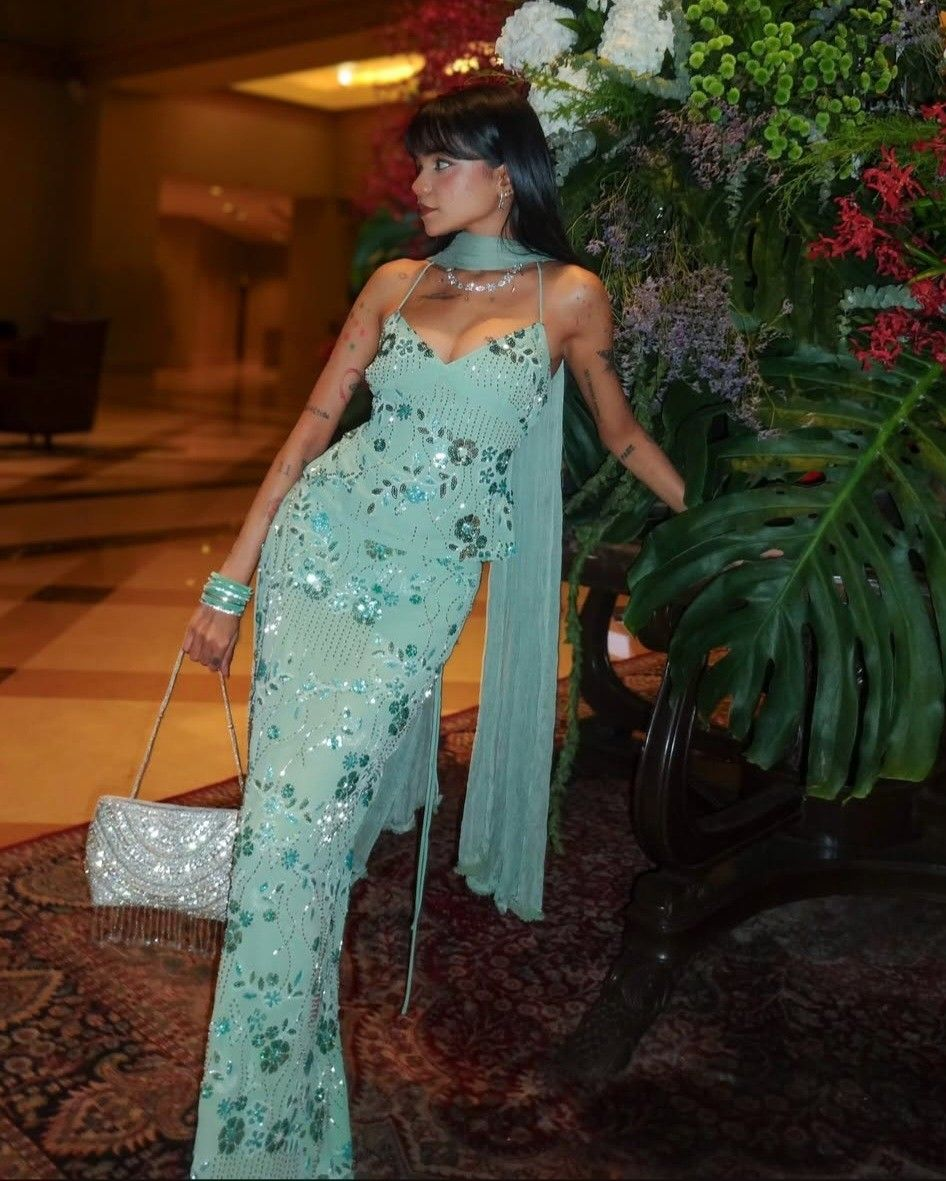 Sexy Spaghetti Straps Mint Green Satin Sequin Beaded Mermaid Evening Dress Formal Birthday Party Dress Two Piece