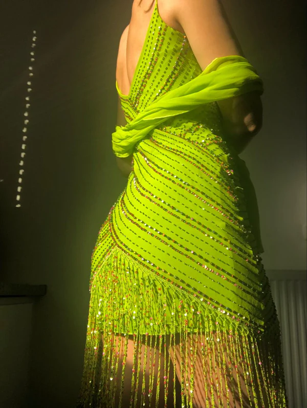Gorgeous Spaghetti Straps Lemon Green Chiffon Beaded Bodycon Cocktail Dress Formal Homecoming Dress Birthday Outfits - View 3 | FashionDia
