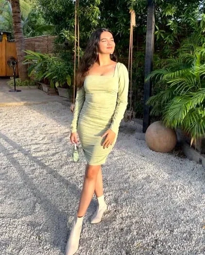 Cute Sage Green Short Homecoming Dress with Long Sleeves Sexy Party Dress (ZD12374)
