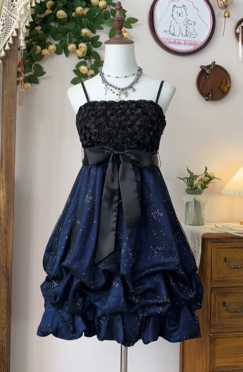 Vintage Spaghetti Straps Rose Flowers Cocktail Dress Navy Blue A-Line Homecoming Dress - View 2 | FashionDia