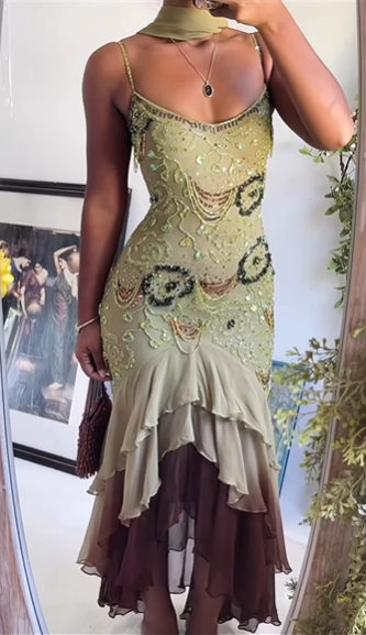 Classy Spaghetti Strap Sage Green Chiffon Beaded Mermaid Evening Dress Long Birthday Party Dress With Scarf - View 4 | FashionDia