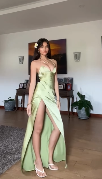 Simple Green Spaghetti Straps High Slit A Line Evening Dress Backless Prom Dress Y8433 - View 4 | VelvetHem