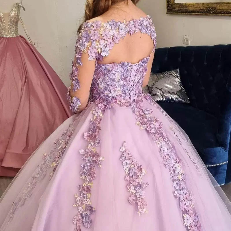 Lilac Ball Gown 3D Floral Lace Applique Long Sleeve Special Occasion Dress Sweet 16 Dress - View 3 | FashionDia