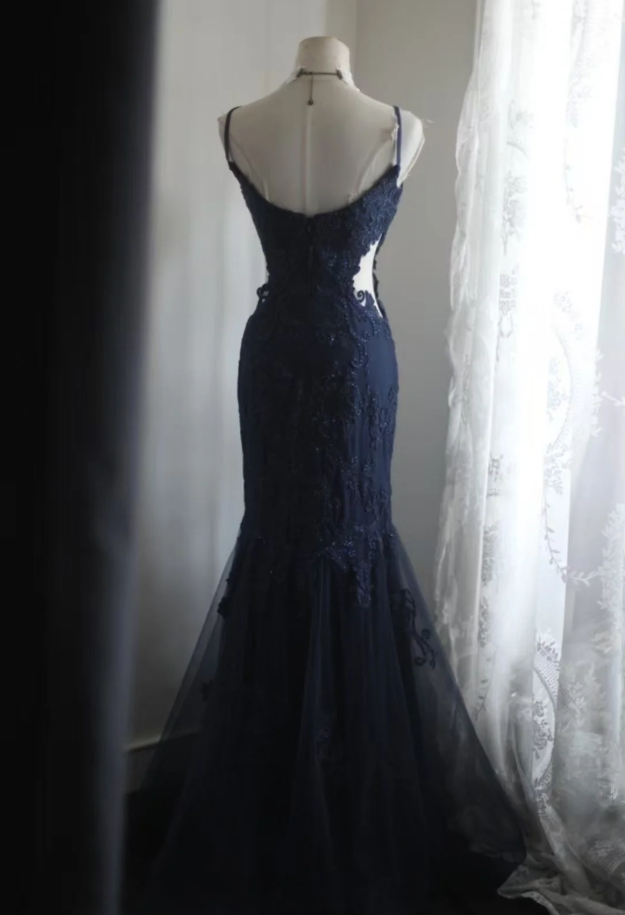 Elegant Spaghetti Straps Navy Blue Tulle Lace Appliques Mermaid Evening Dress Birthday Outfits - View 7 | FashionDia