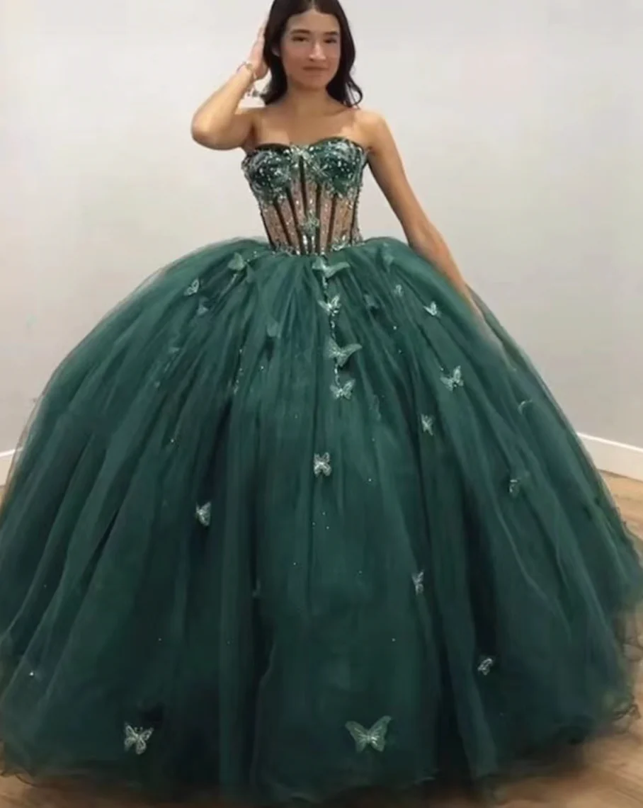 Green Tulle Ball Gown With Butterflies,Sweet 16 Dress, Green Quinceanera Dress Y2344 - View 5 | VelvetHem