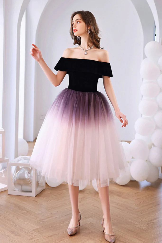 Off-the-Shoulder Ombre Tulle Short Homecoming Dress, Ombre Formal Graduation Dress - View 3 | FashionDia