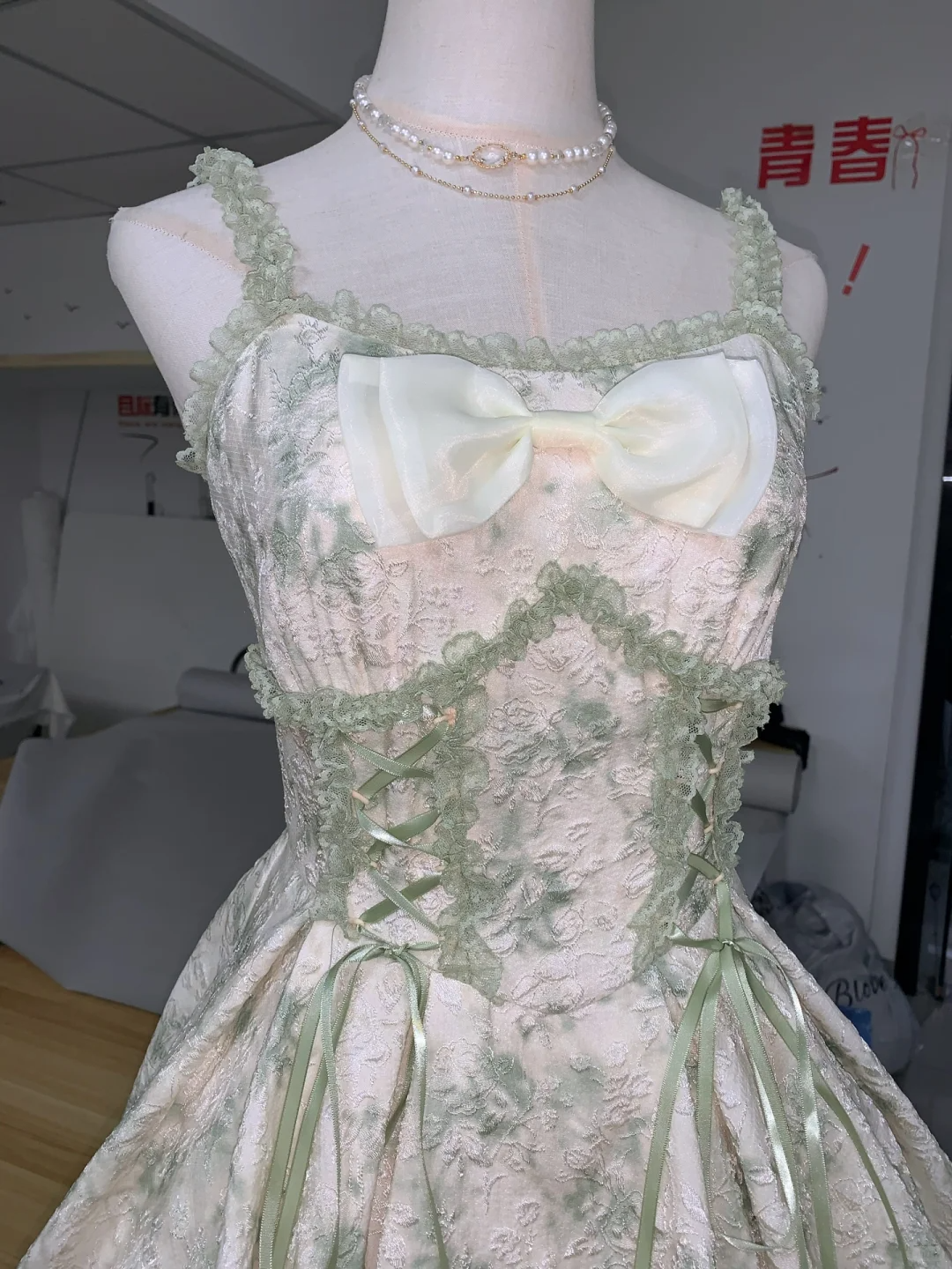Pretty Pastel Green Spaghetti Straps Lace Print Floral A-Line Homecoming Dress 16th Birthday Outfits - View 3 | FashionDia
