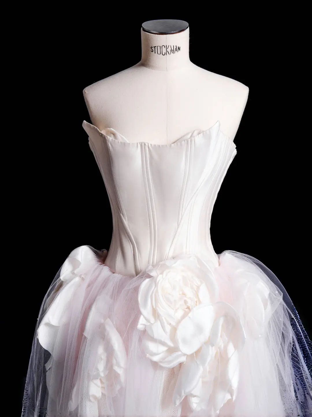 Classy White Satin Pink Tulle Strapless Birthday Dress Wedding Party Dress