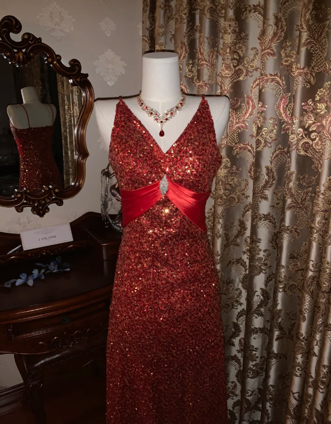 Vintage Red V-Neck Sequin Beaded Mermaid Party Dress Long Evening Gown - View 7 | FashionDia