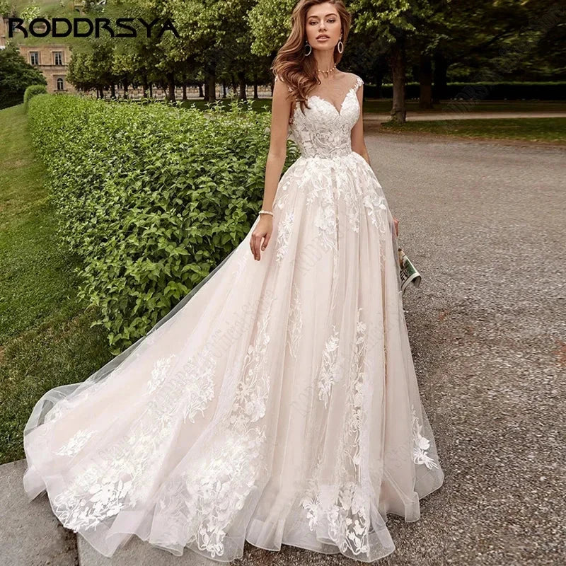 Beach Cap Sleeves Wedding Dresses Illusion Lace Buttons Back Bridal Gown Women Appliques Tulle vestidos de novia playa by payinti