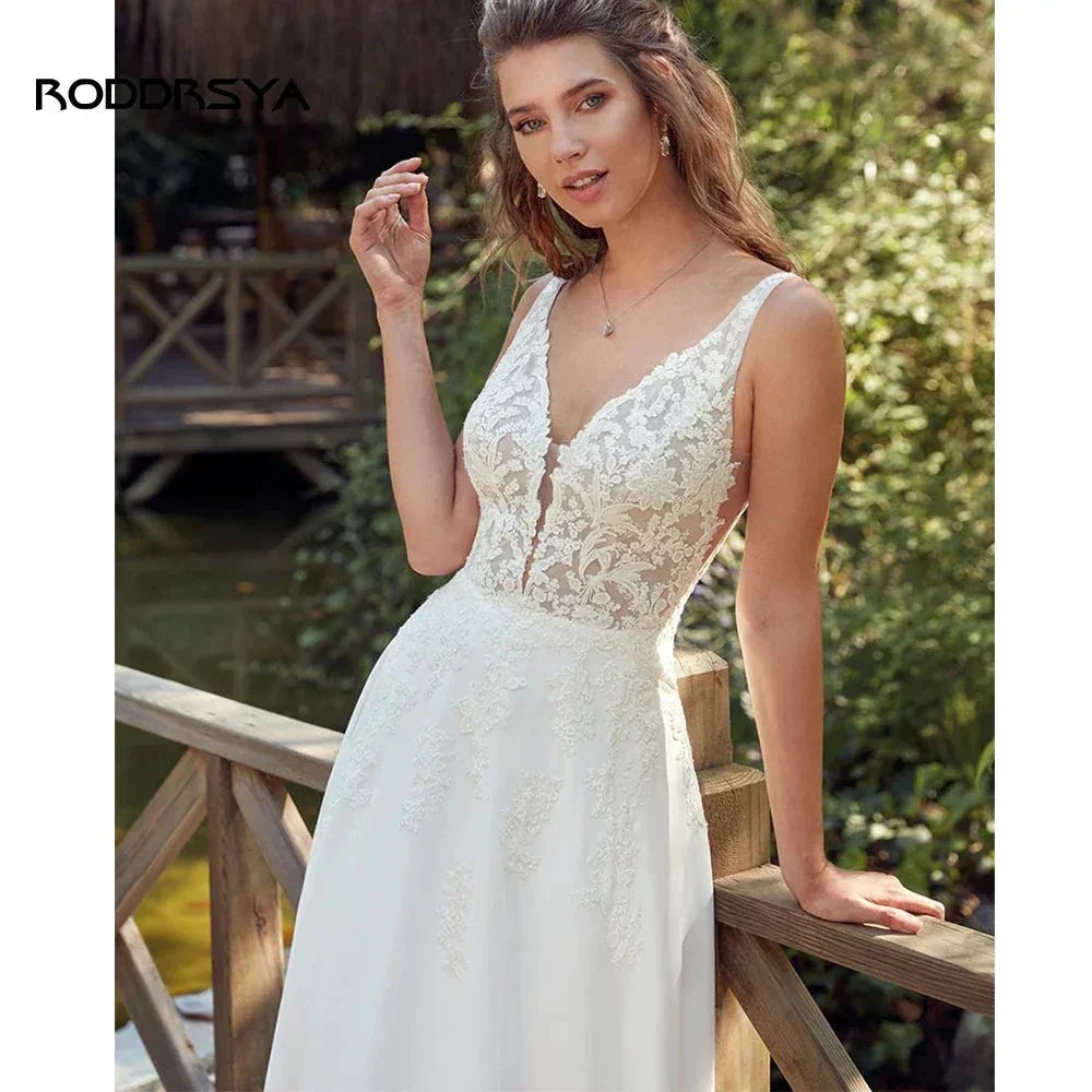 RODDRSYA Boho Wedding Dresses For Women V-Neck Appliques Backless Bridal Gown With Button Vestidos De Novia Custom Made (ZD13310)