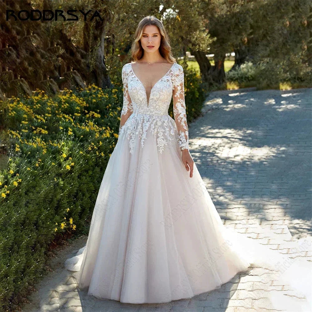 Princess Light Champagne Wedding Dresses Long Sleeves Backless A-Line Bride Gowns Applique Tulle vestidos de novia (ZD13540)