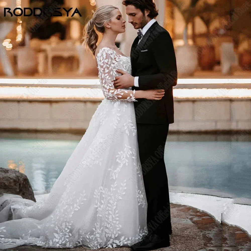 Sexy Backless Wedding Dresses New 2023 Long Sleeves Bride Gowns V-Neck A-Line Lace Applique Tulle vestidos de novia (ZD13330)