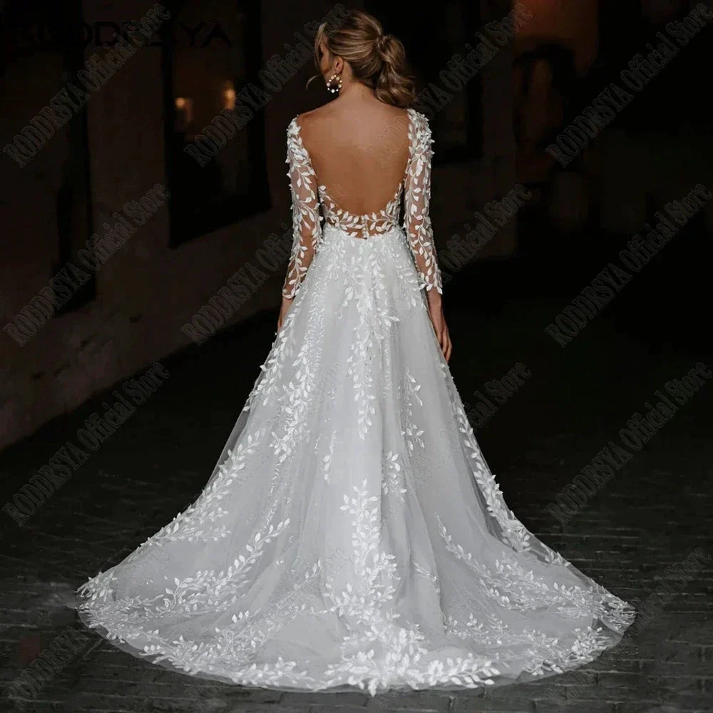 Sexy Backless Wedding Dresses New 2023 Long Sleeves Bride Gowns V-Neck A-Line Lace Applique Tulle vestidos de novia (ZD13330)