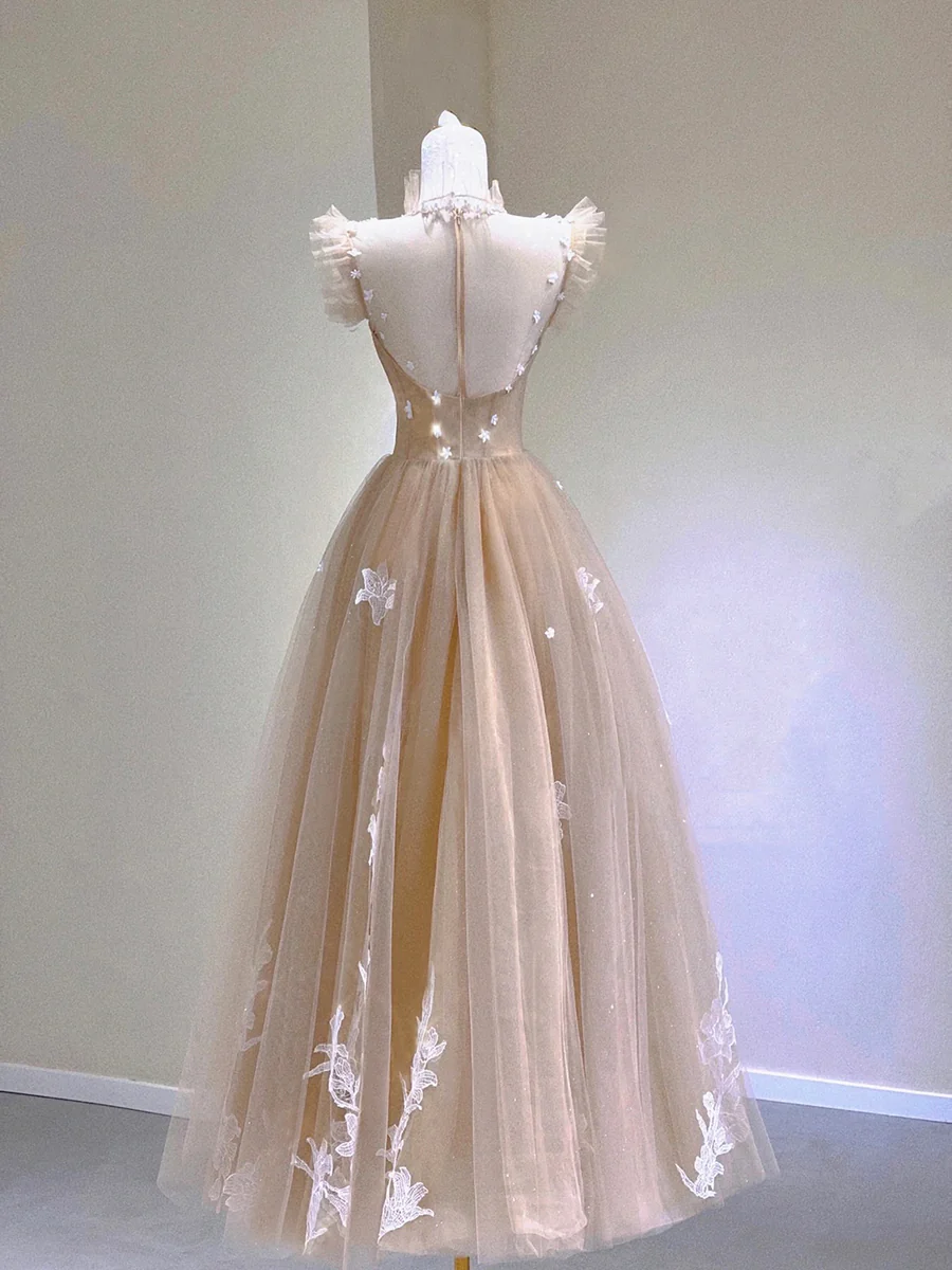 Champagne Lace Tea Length Prom Dresses A-Line Evening Dresses Y6471 - View 2 | VelvetHem