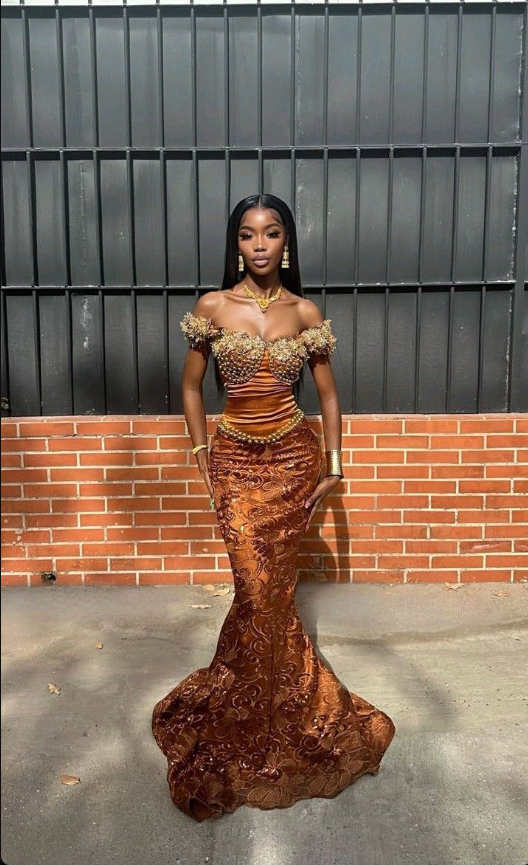 Vintage Burnt Orange Off-the-Shoulder Satin Beaded Mermaid Prom Dress Party Dress - FashionDia