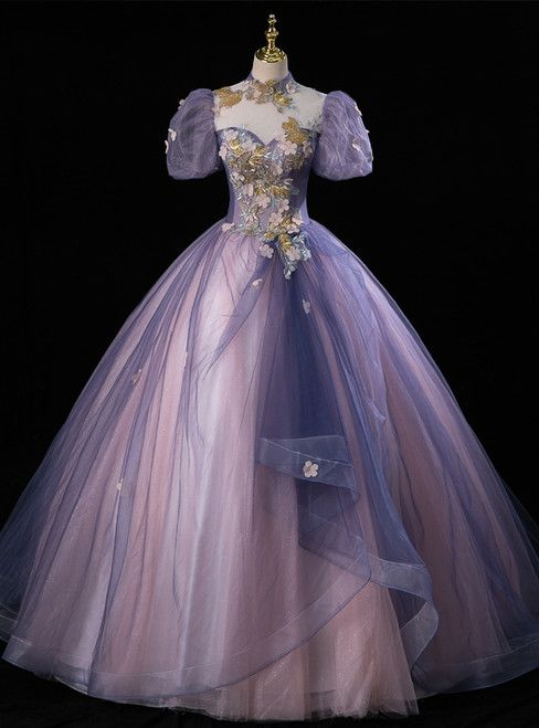 Beautiful Purple Tulle Appliques Quinceanera Dress Sweet 16 Ball Gown