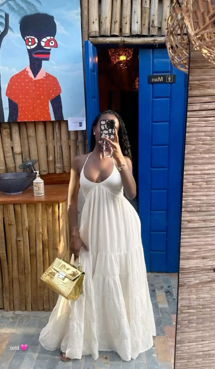 Classy Halter White Satin A-Line Long Wedding Guest Dress Evening Dress - FashionDia