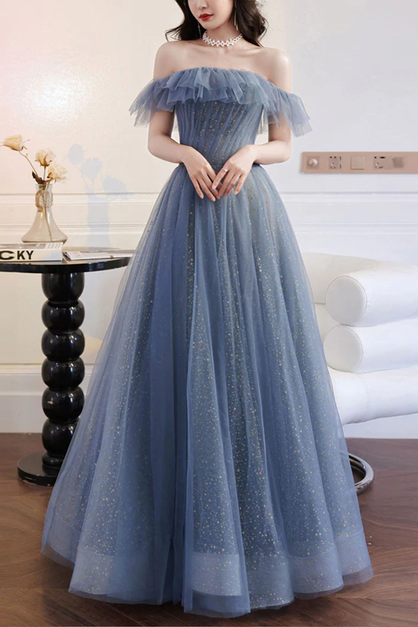 A-Line Gray Blue Off-the-Shoulder Long Prom Dress Tulle Evening Dress - FashionDia