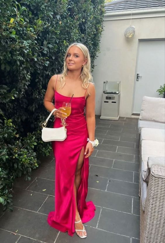 Sexy Straps Hot Pink Mermaid Slit Prom Dress Long Party Dress