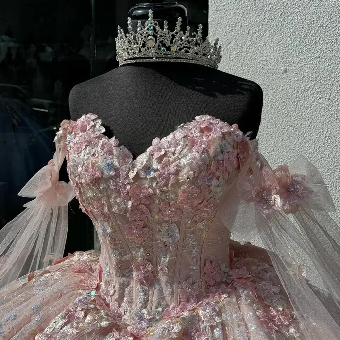 Pretty Pink Off-the-Shoulder Tulle Lace Appliques Quinceanera Dress Sweet 16 Dress With Bow - View 4 | FashionDia