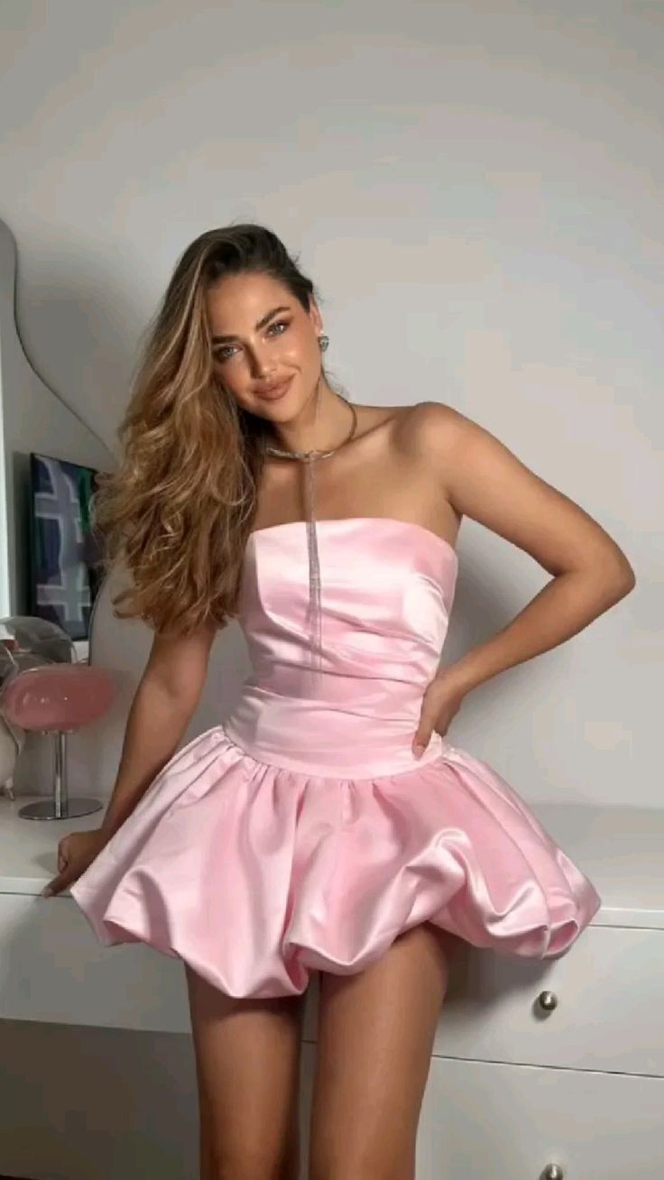 Cute Pink Satin Strapless A-Line Short Birthday Outfits Formal 8th Grade Homecoming Dress - FashionDia