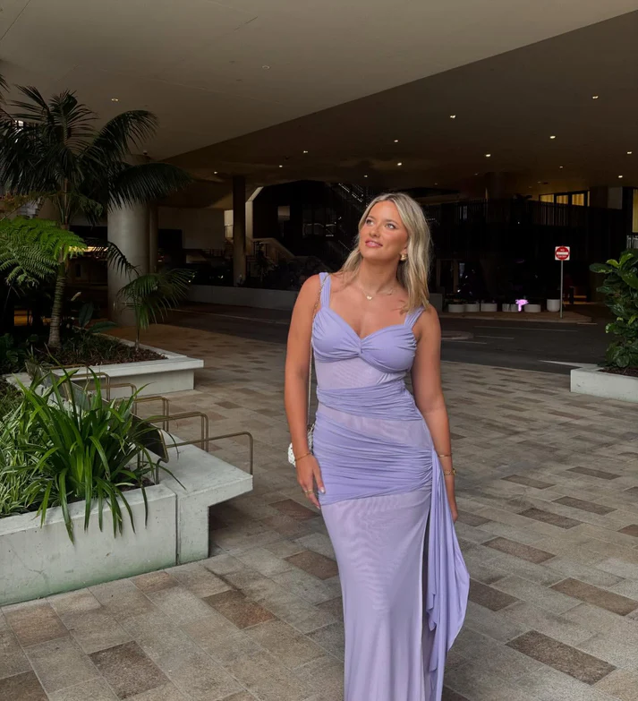 Lavender Sweetheart Ruched Long Prom Dress Sheath Slit Evening Dress - FashionDia
