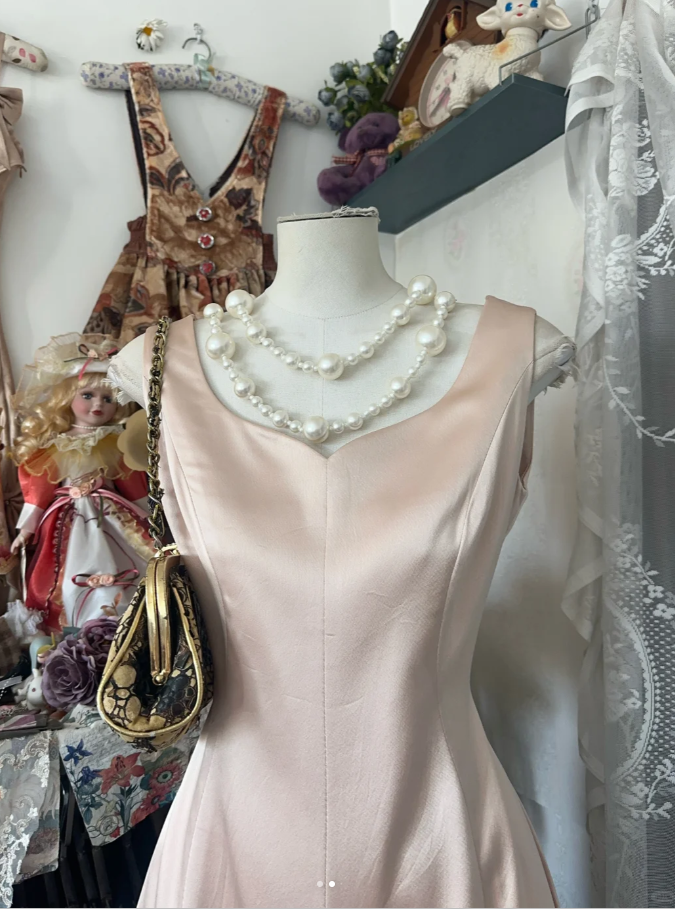 Elegant Light Pink Sleeveless Satin Mermaid Long Party Dress Wedding Guest Dress - View 2 | FashionDia