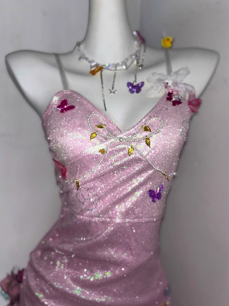 Cute Pink Satin Butterfly Ruffles Short Birthday Dress Graduation Homecoming Dress - View 2 | FashionDia