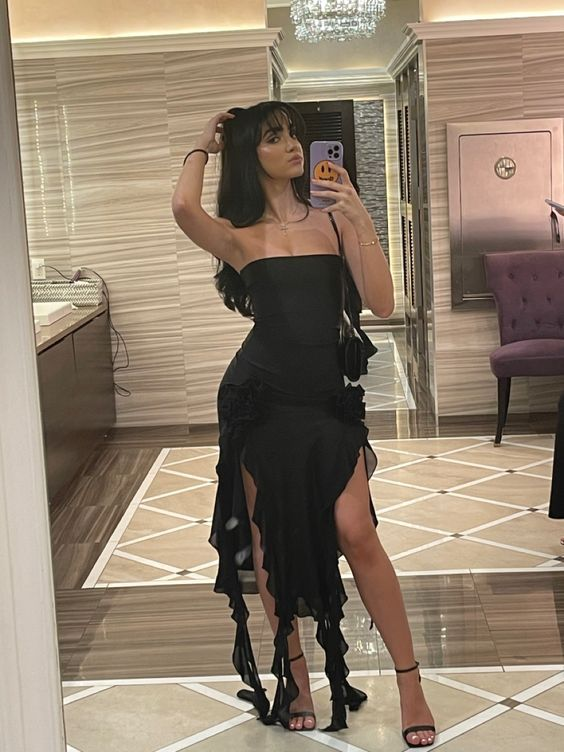 Sexy Black Strapless Black Slit Prom Dress Ruffles Party Dress With Floral - FashionDia