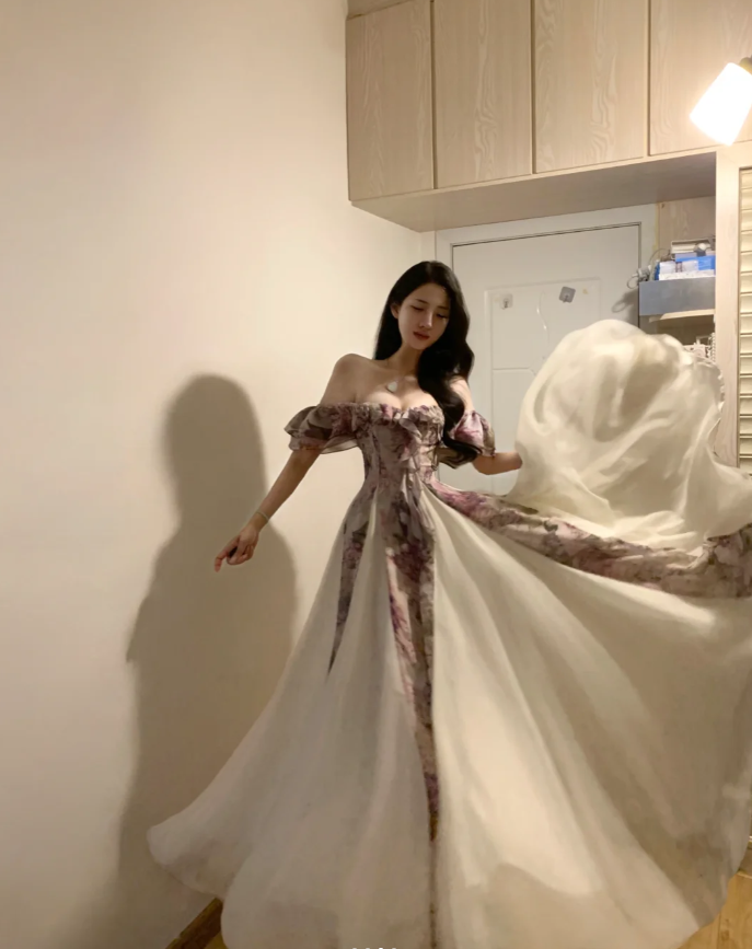 Pretty Off-the-Shoulder Chiffon Printed Floral A-Line Long Party Dress Evening Gown - View 4 | FashionDia