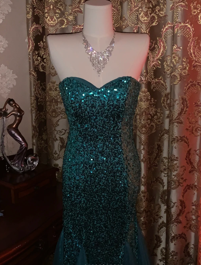 Vintage Strapless Green Tulle Sequin Mermaid Evening Dress Long Wedding Guest Dress Party Gown - View 6 | FashionDia