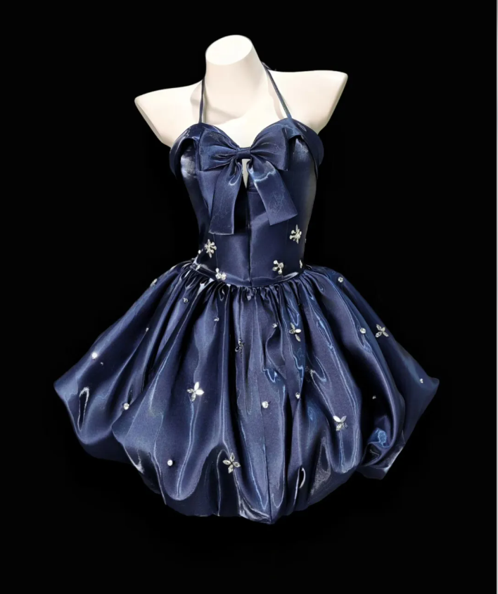 Cute Halter Navy Blue Satin A-Line Short Homecoming Dress Formal Birthday Outfits With Bow - FashionDia