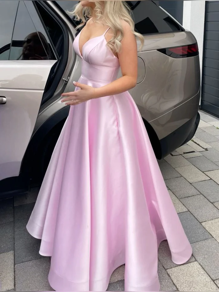 Pink V Neck A Line Party Dress Satin Long Prom Dress