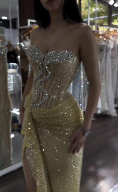 Glitter Strapless Yellow Sequin Beaded Mermaid Slit Evening Dress Formal Birthday Party Dress - FashionDia