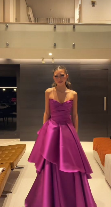 Elegant Strapless Hot Pink Satin Layered Long Evening Dress Formal Wedding Guest Dress - FashionDia