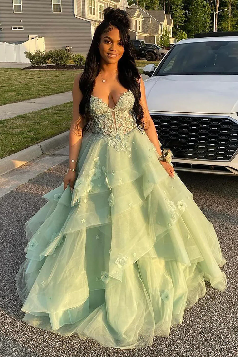 Charming Light Green Tulle Appliques Long Evening Dress Birthday Party Dress