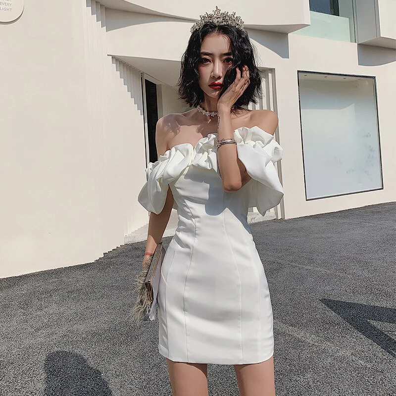 Black White Women Short Dress Pretty Mini Party Dress Ruffules Neckline Homecoming Dress - FashionDia