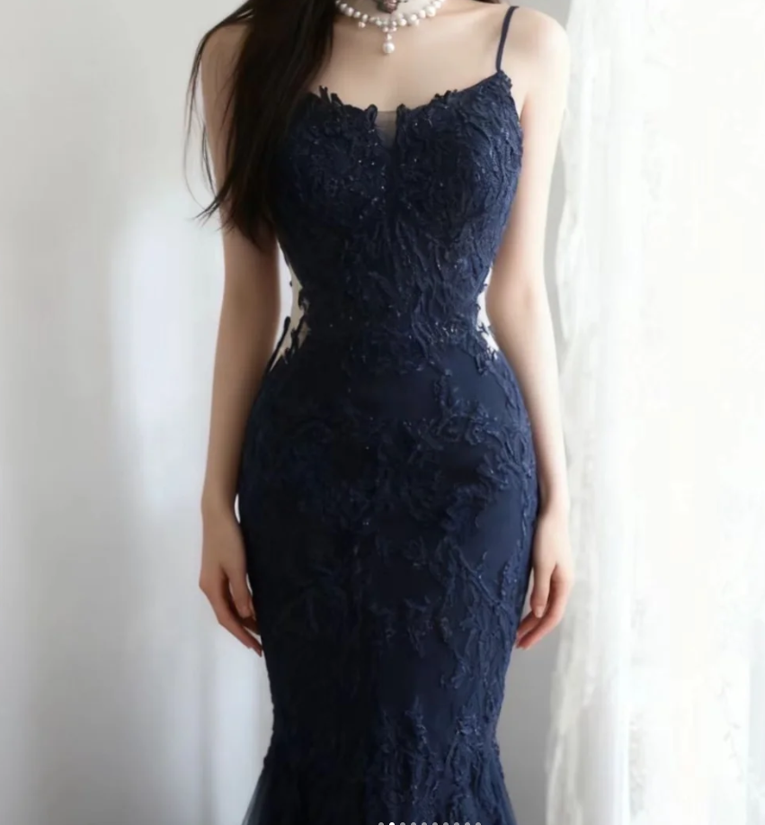 Elegant Spaghetti Straps Navy Blue Tulle Lace Appliques Mermaid Evening Dress Birthday Outfits - View 5 | FashionDia